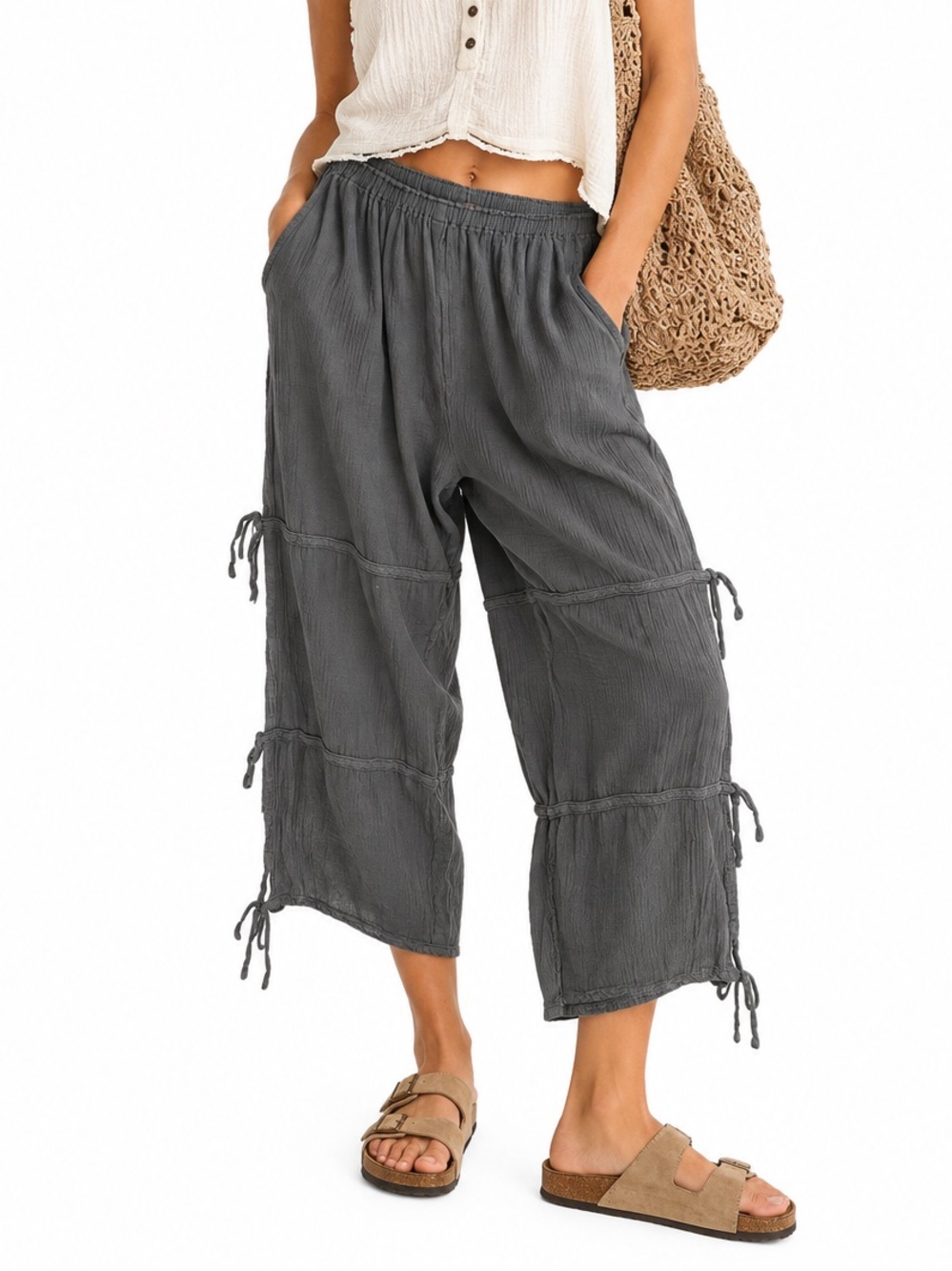 Oh My Gauze! Cropped Side Tie Gauzy Lagenlook Beach Pants